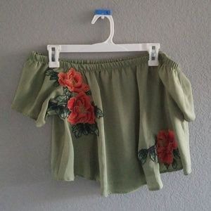 Green embroidered Off the shoulder top